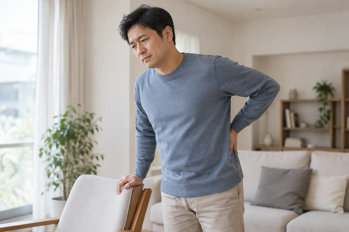 허리에 손을 얹고 서 있는 중년 남성