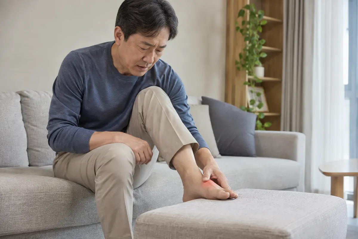 엄지발가락 관절 부위를 살피는 모습