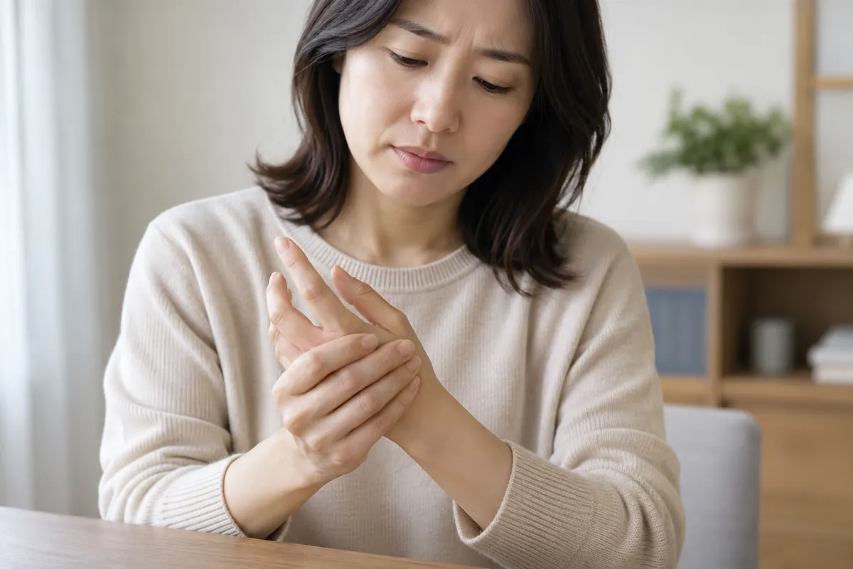 한쪽 손을 감싸 쥐고 손가락 밑동을 살피는 모습