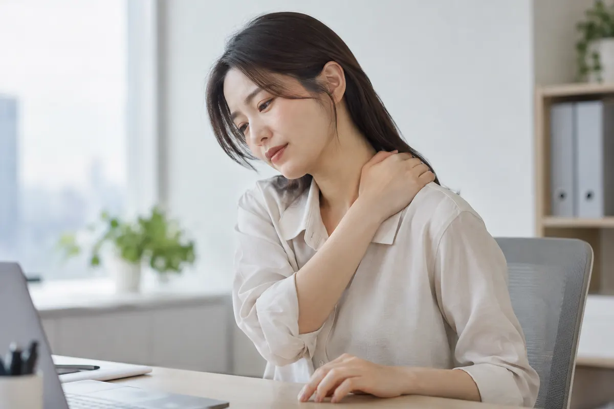 책상에 앉아 목과 어깨 사이 근육을 짚는 모습