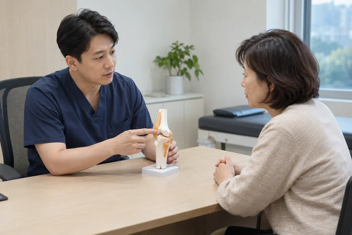 무릎 모형을 두고 치료 계획을 상담하는 모습
