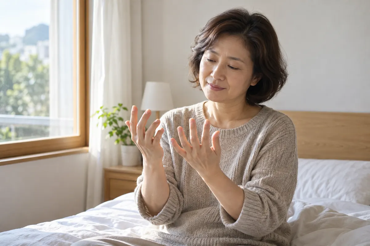 아침에 손가락 관절을 펴 보는 모습