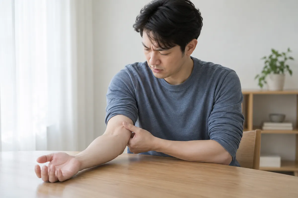팔을 책상에 올리고 팔꿈치 안쪽을 가리키는 모습