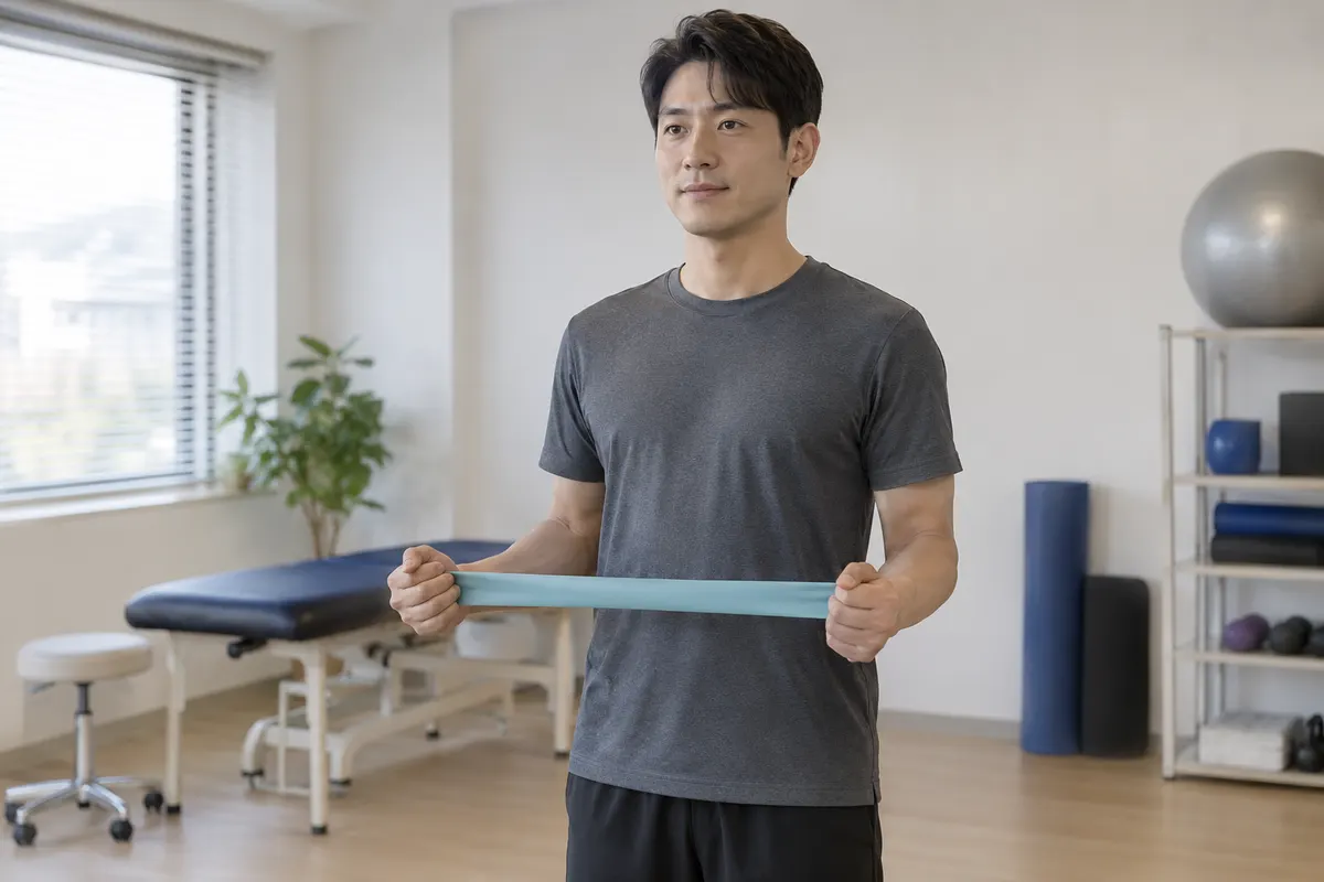 탄력 밴드로 어깨 바깥돌림 운동을 하는 모습